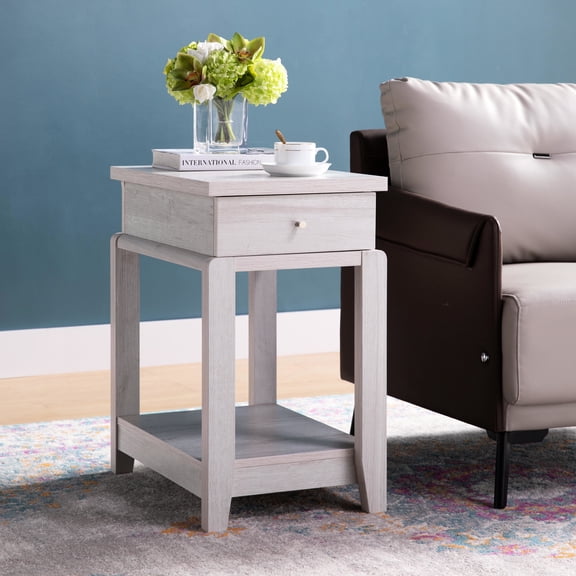 Drawer And Shelf Chair Side Table In White Oak Finish - Stylish Furniture Accent With Bottom Ample Storage Option