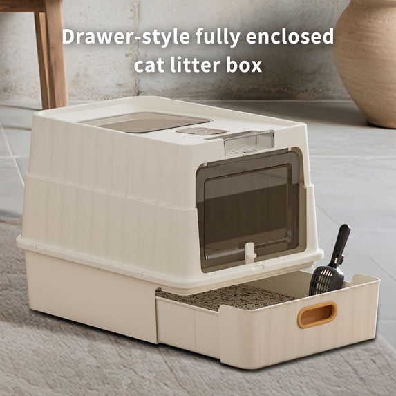Drawer Style Fully Enclosed Cat Litter Box with Scoop, Covered Cat Litter Pan with Drawer for Small Medium Large Cats, Odor Control Kitty Toilet
