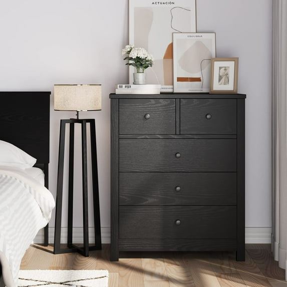Drawer Chest Dresser Organizers Storage Wood Nightstand with 5 Drawers Furniture and Round Handles, Dresser for Bedroom for Kids, Entryway, Living Room, Hallway