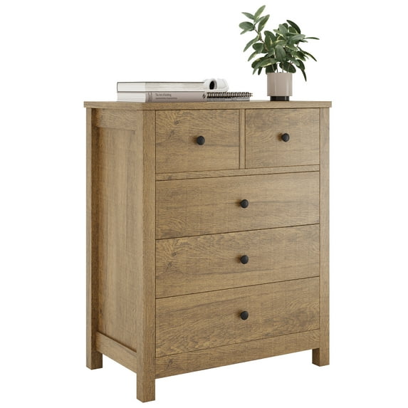 Drawer Chest Dresser with Metal Round Handle, Wood Nightstand with 5 Storage Drawers