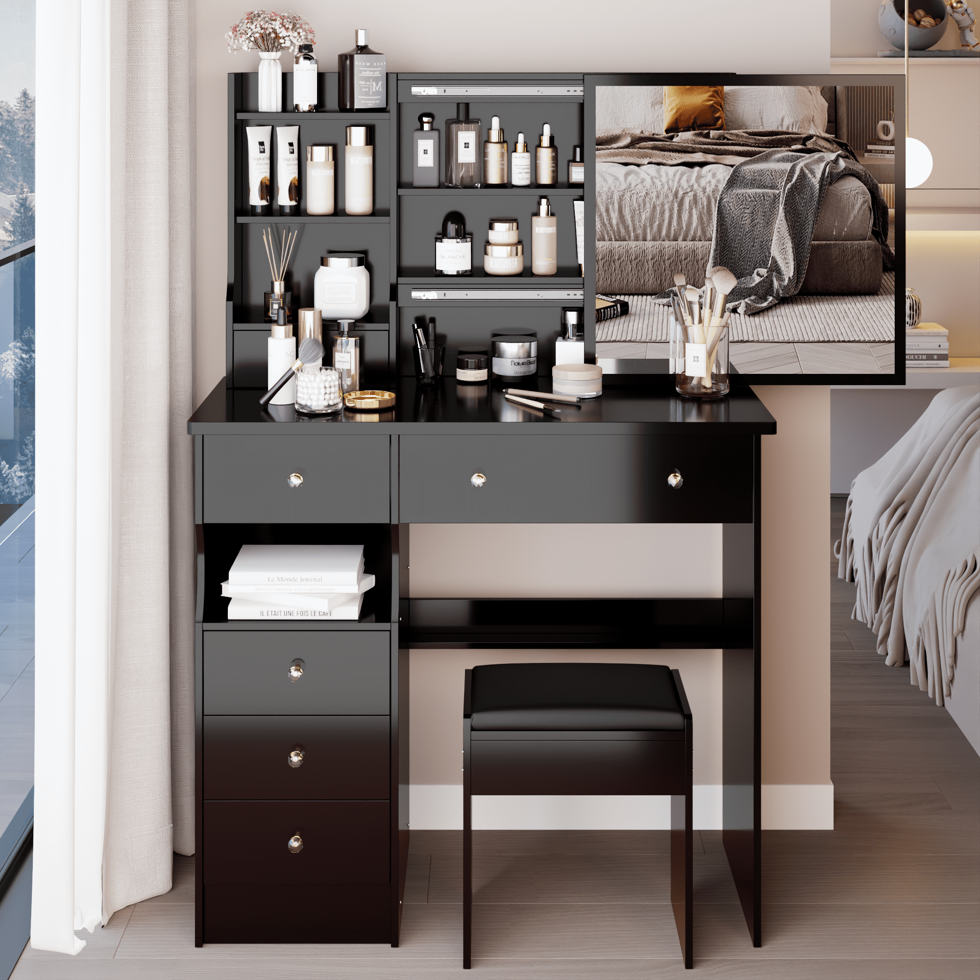 Drawer Desktop Vanity Table + Cushioned Stool, Multi Layer High Capacity Storage, Practical Fashionable Dresser Black 37"