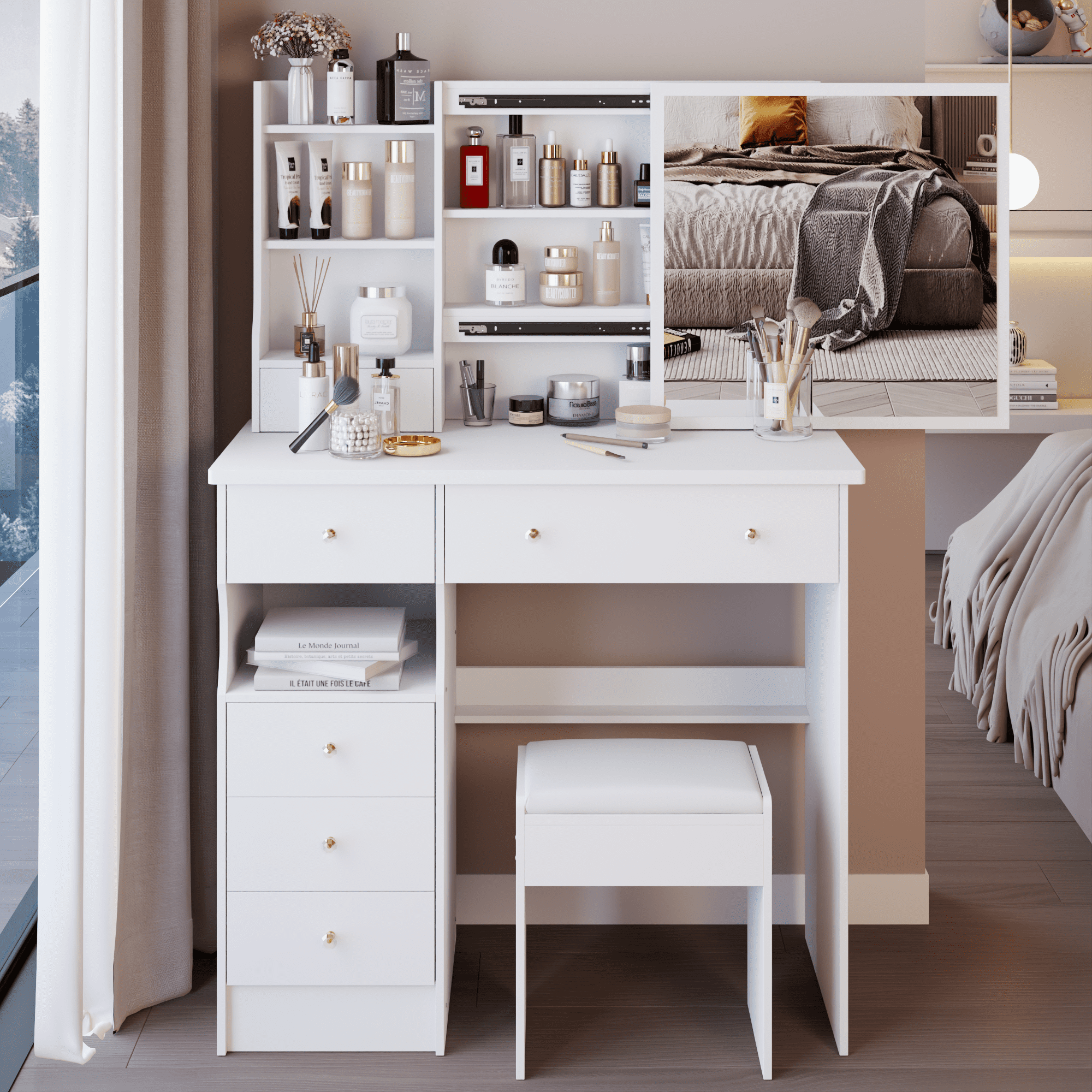 Drawer Desktop Vanity Table + Cushioned Stool, Multi Layer High Capacity Storage, Practical Fashionable Dresser White 37"
