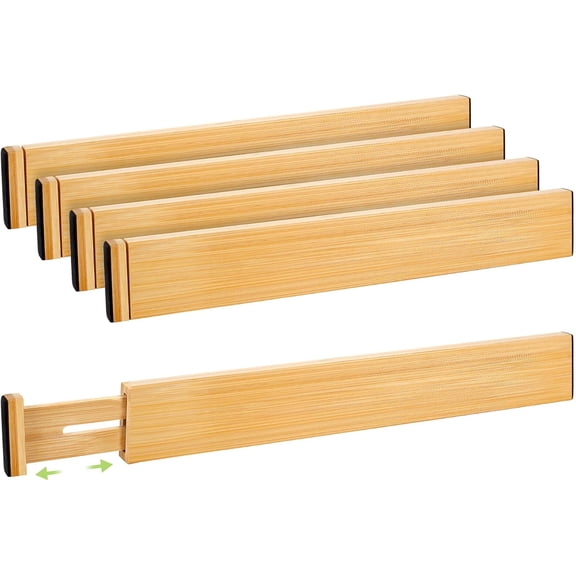 Drawer Divider, Adjustable Bamboo Kitchen Organizer, Spring Loaded Dresser Separators for Kitchen, Bathroom, Clothes, Office Desk Storage (Natural, 4 Pack Large)