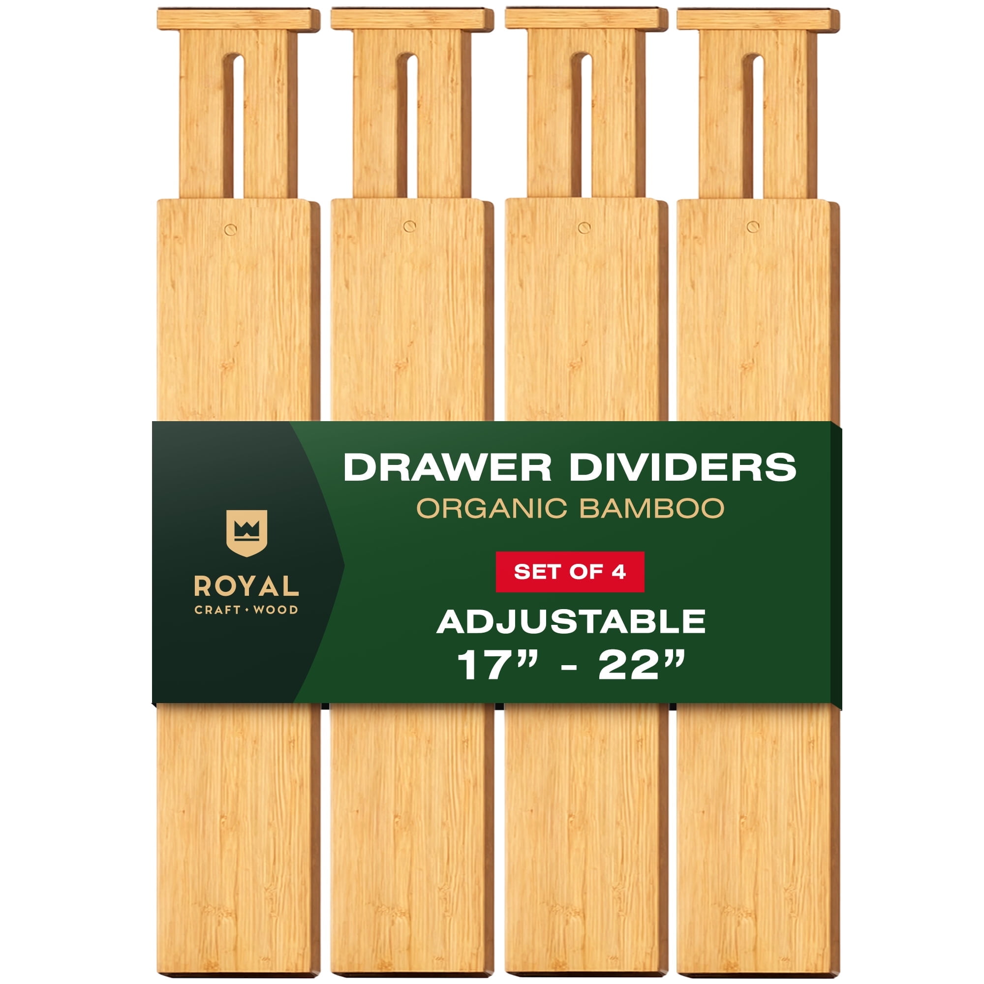 Royal Craft Wood Expandable Bamboo Drawer Dividers – 4-Pack Adjustable Drawer Organizer Separators for Kitchen, Bedroom, Bathroom, Cabinet, Office & Dresser Storage (17–22", Natural)
