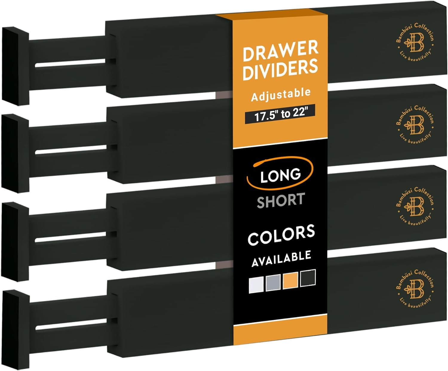 Black Adjustable Bamboo Drawer Dividers, 16-22" Expandable, 4-Pack