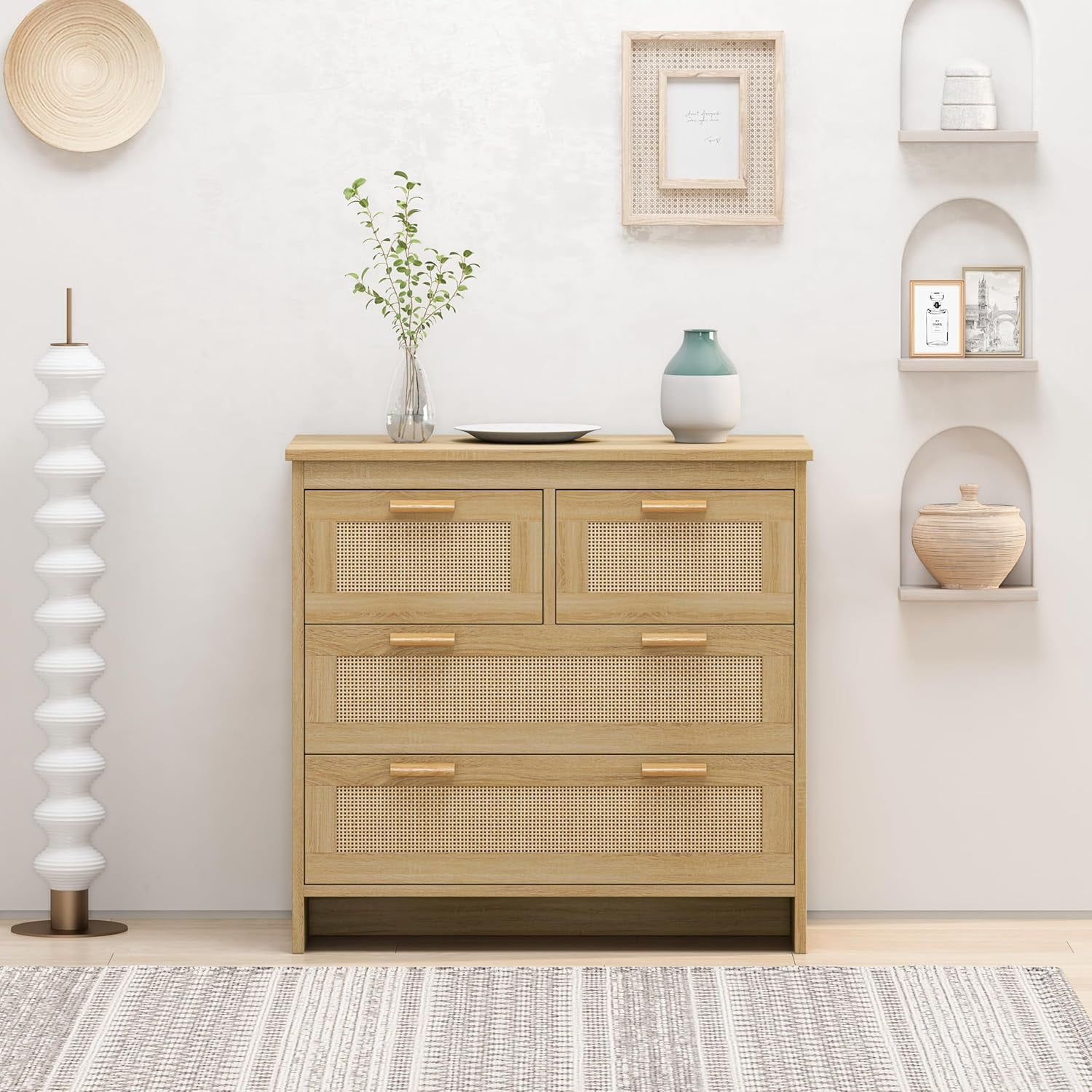 Drawer Dresser for Bedroom, Wooden Rattan Dresser Chest of Drawers with ...
