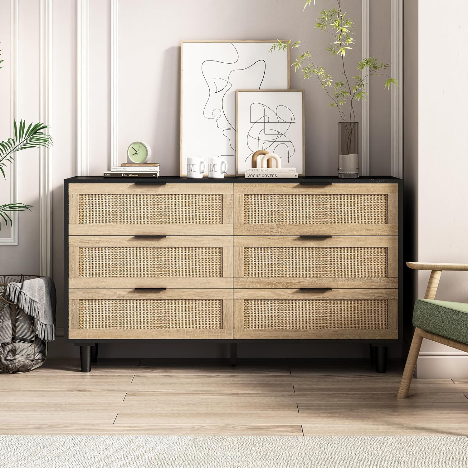 Drawer Dresser for Bedroom, Wooden Rattan Dresser Chest of Drawers with ...