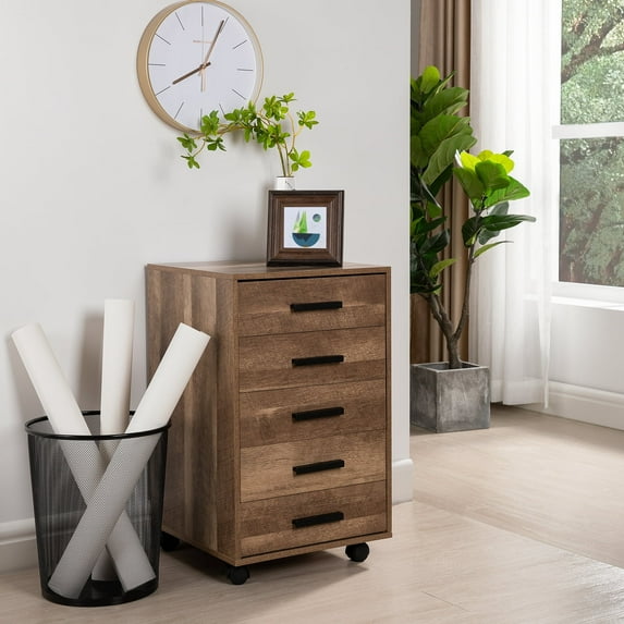 Drawer Dresser Storage Cabinet for Makeup Dresser Tall Chest of Drawers, Drawer Chest Makeup Cabinet with Wheels Wood Closet Storage Drawers for Bedroom by Naomi Home-Color:Walnut,Size:5 Drawer