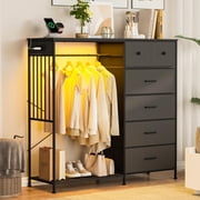 Drawer Dresser for Bedroom, Modern Fabric Chest of Drawers, LED Lights, Charging Station, Metal Handles, Storage Cabinet for Bedroom