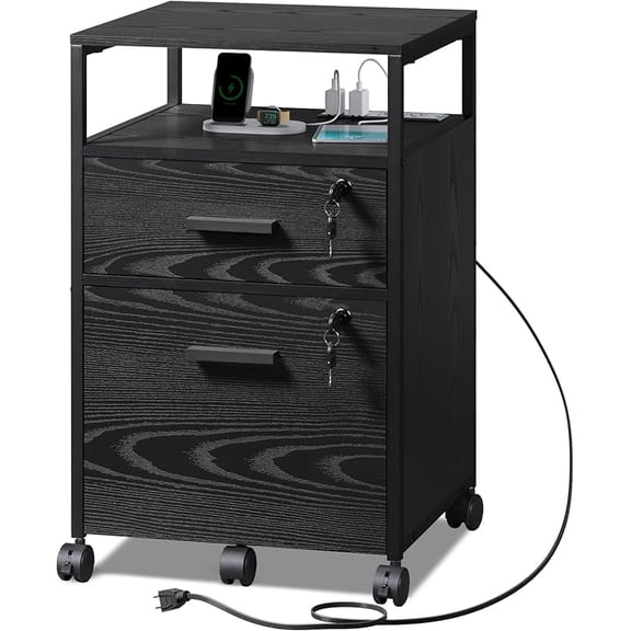 Drawer File Cabinet with Lock and Charging Station, Wood Filing Cabinet fits A4 or Letter Size, Mobile Printer Stand with Open Storage Shelf for Home Office, Black
