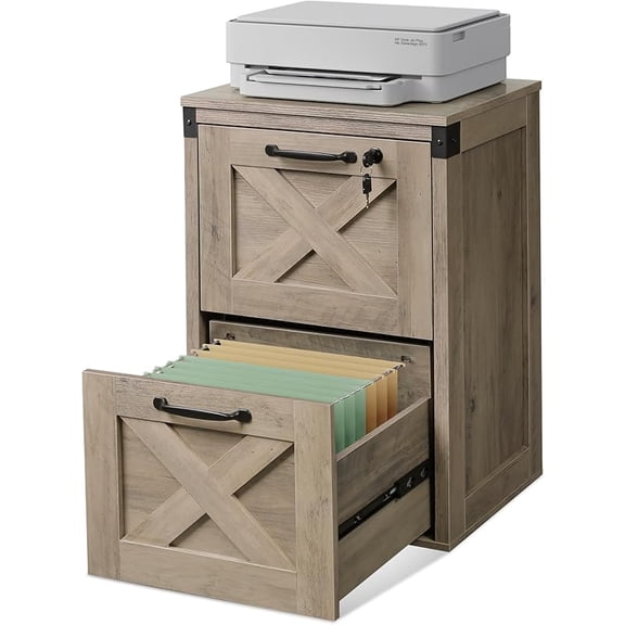 Drawer File Cabinet with Lock, Wood Farmhouse Filing Cabinet for Home Office, Printer Stand Fits Letter and Size, Gray Oak