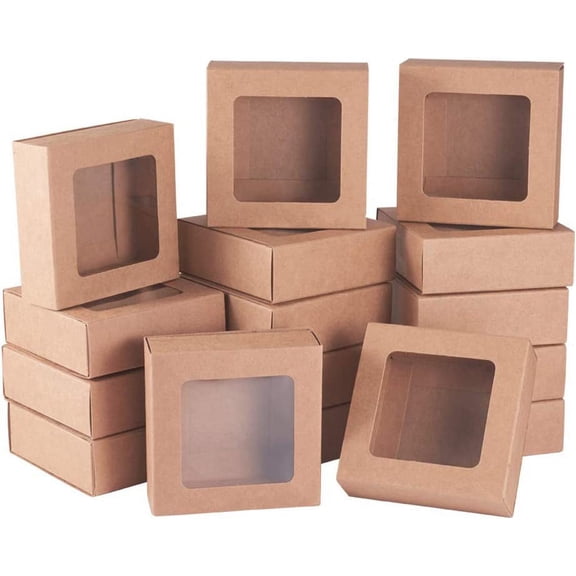 Drawer Kraft Paper Box Folding Boxes with Clear Window Square BurlyWood 9x9x3.2cm
