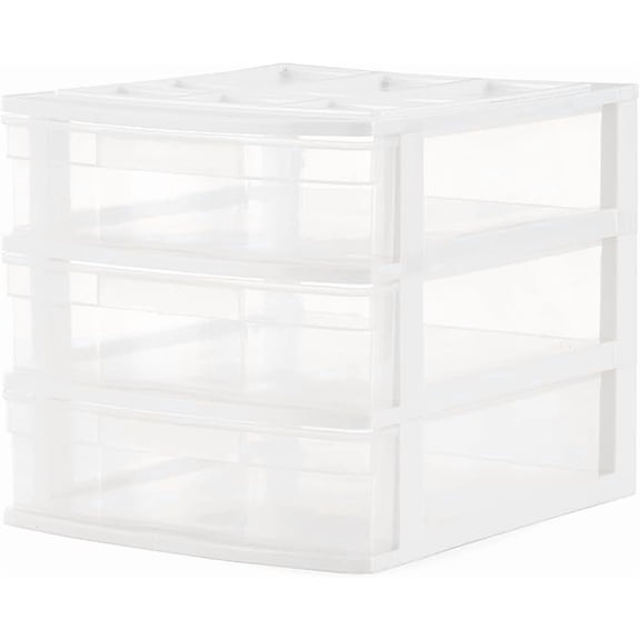 Drawer Organizer, 4-Tier Plastic Storage Desktop Drawers, White Frame - Desk Containers for Bathroom, Bedroom, Office, and Classroom Organization
