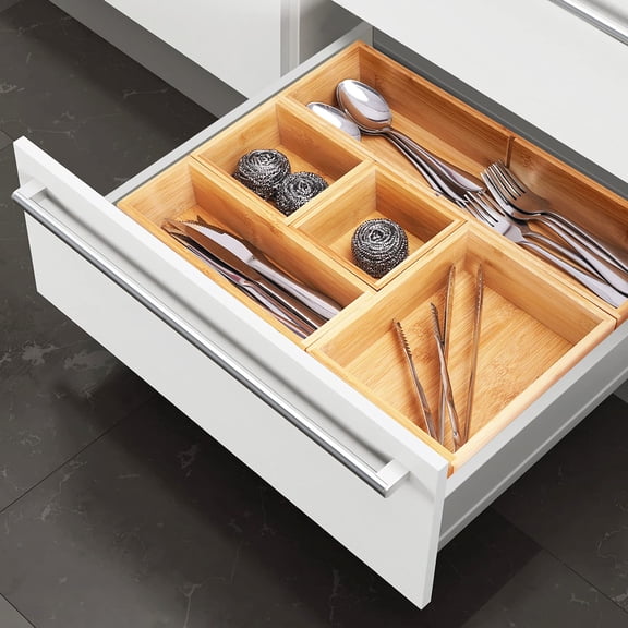 Drawer Organizer, Bamboo Wood Kitchen Makeup Desk Junk Tea Drawer Storage Boxes Bins for Cutlery Silverware Utensils Flatware, Small Wooden Container Tray for Bathroom, Office