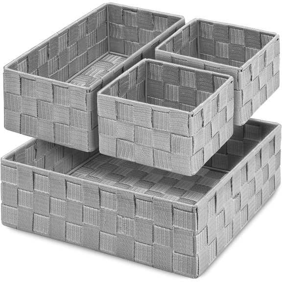 Drawer Organizer Bins,Woven Strap Storage Box Cube Basket Containers Divider for Organizing drawers, Shelves, Closets, Cabinets, Dressers and Countertops,set of 4, Light Grey