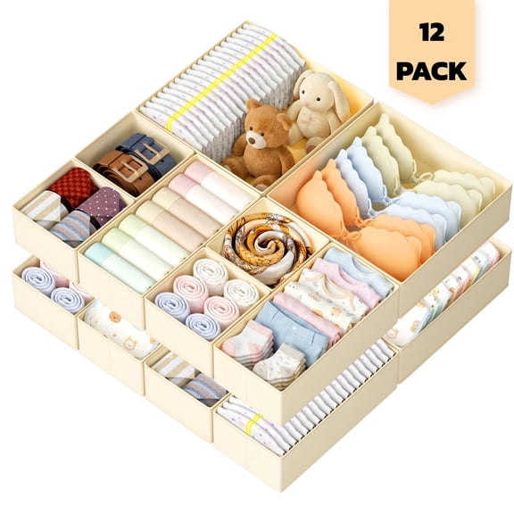 DIMJ Closet Storage Bins,Beige Drawer Organizer Clothes, 12Pack Dresser Organizer for Underwear, Sock- Foldable Closet Organization and Storage Dividers Bins for Bedroom