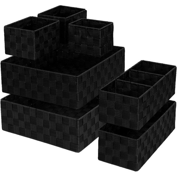 Drawer Organizer, Cube Baskets for Storage Shelves, Handmade Small Woven Basket, Shallow Storage Bins for Organizing Desk, Dresser, Kitchen, Pantry, Nested 7 Pack, Black