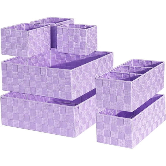 Drawer Organizer, Cube Baskets for Storage Shelves, Handmade Small Woven Basket, Shallow Storage Bins for Organizing Desk, Dresser, Kitchen, Pantry, Nested 7 Pack, Purple