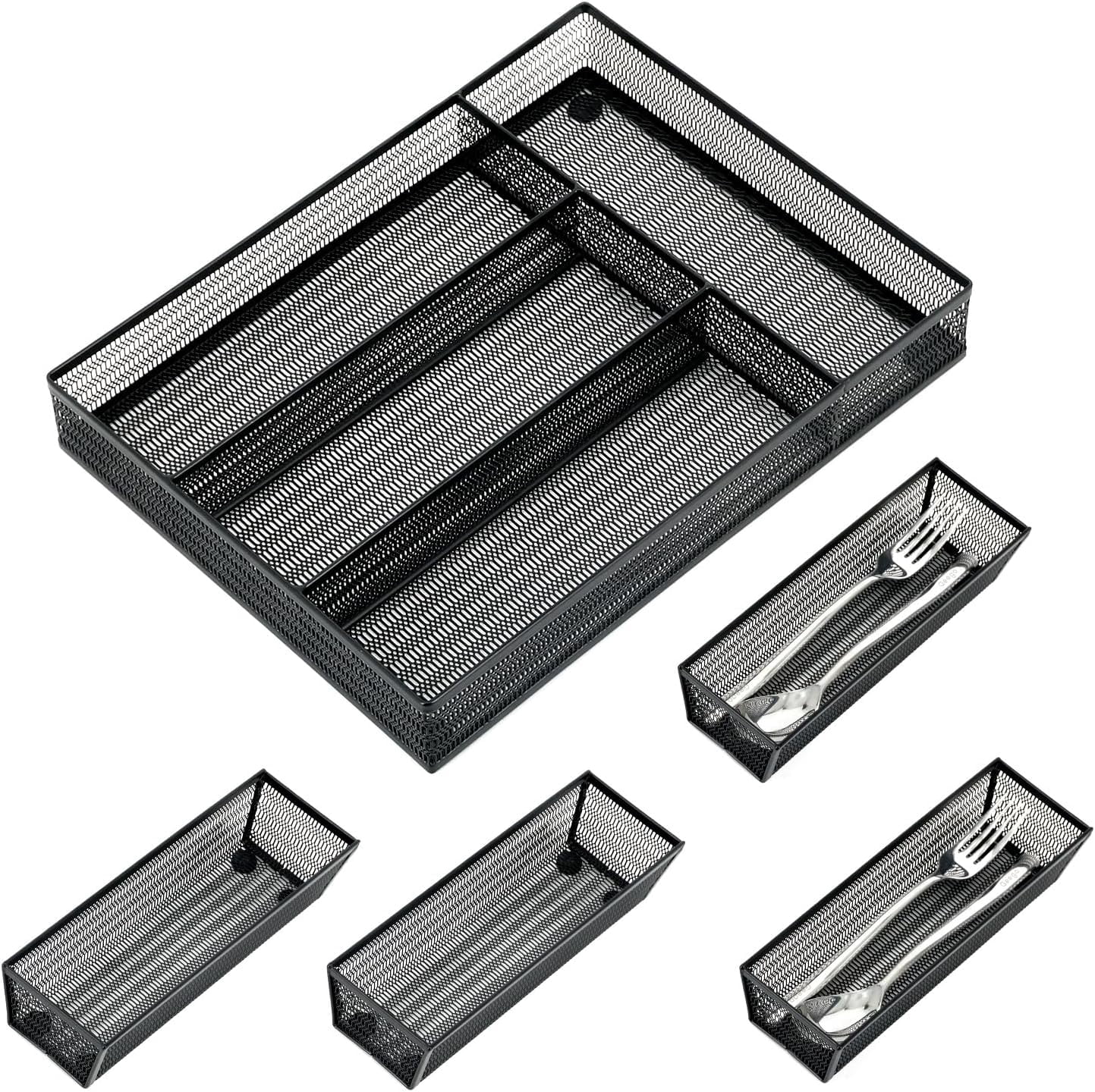 Drawer Organizer Set 5 Pack - 4-Compartment Silverware Organizer Tray + 4 Utensil Trays, Kitchen Drawer Organizer for Flatware, Cutlery, Office Supplies, Black Mesh, Non-Slip.