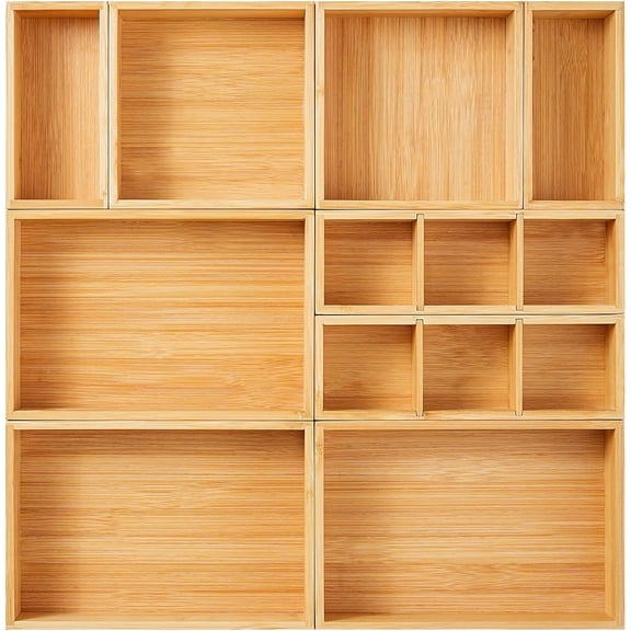Drawer Organizer, Set of 9 Bamboo Wood Kitchen Makeup Desk Junk Tea Drawer Storage Boxes Bins for Cutlery Silverware Utensils Flatware, Small Wooden Container Tray for Bathroom, Office