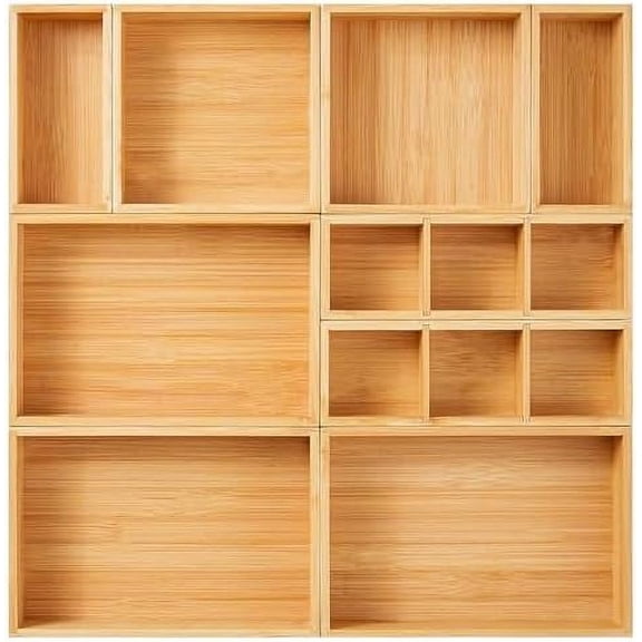 Drawer Organizer, Set of 9 Bamboo Wood Kitchen Makeup Desk Junk Tea Drawer Storage Boxes Bins for Cutlery Silverware Utensils Flatware, Small Wooden Container Tray for Bathroom, Office
