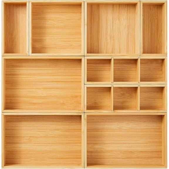 Drawer Organizer, Set of 9 Bamboo Wood Kitchen Makeup Desk Junk Tea Drawer Storage Boxes Bins for Cutlery Silverware Utensils Flatware, Small Wooden Container Tray for Bathroom, Office