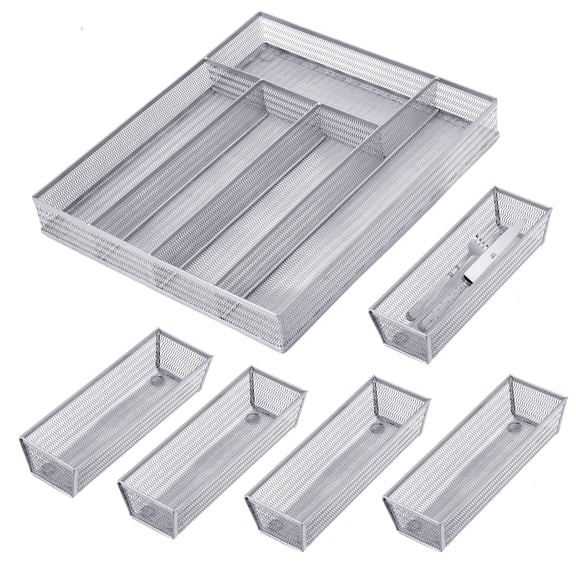Drawer Organizer Set, Compartment Silverware Tray, Utensil Trays, Mesh, Non-Slip, For Flatware, Cutlery, Office Supplies