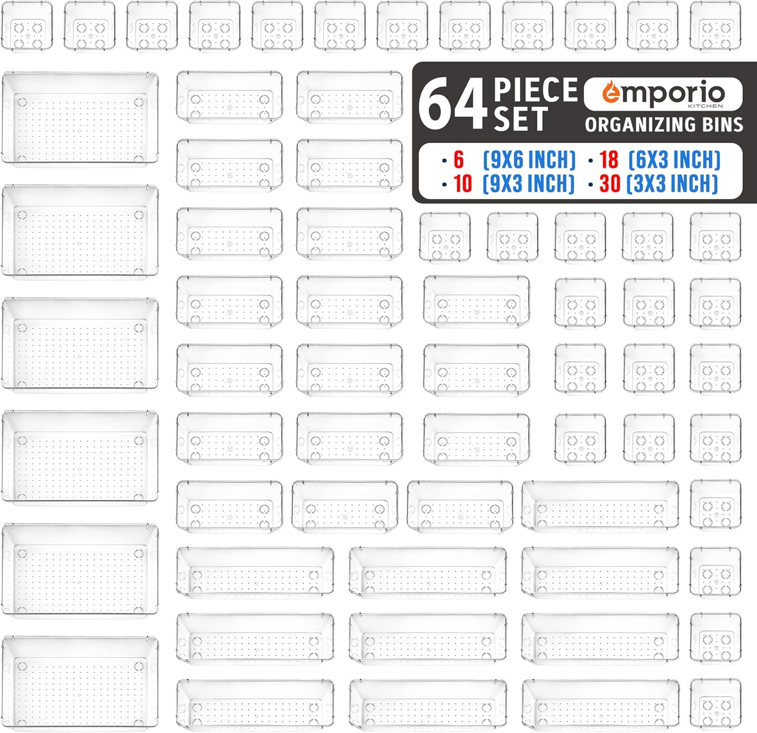 Emporio Kitchen Drawer Organizer Set - Includes 6-piece 9x6" bins, 10-piece 9x3" bins, 18-piece 6x3" Bins, 30-piece 3x3" Bins, Stackable Storage Trays, Pack of 64