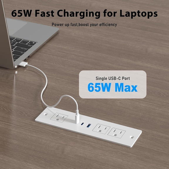 Drawer Outlet Kit with 65W USB C Fast Charging Station, 3 USB Ports & 3 AC Outlets, 10FT White Cord