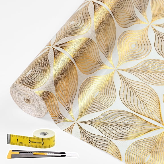 Drawer and Shelf Liner for Kitchen Cabinet,Non-Adhesive Waterproof Drawer Liner for Dresser & Bathroom Vanities with Adhesive Dots & Cutting Tool(12 in X 20 Ft Gold Leaf Pattern)