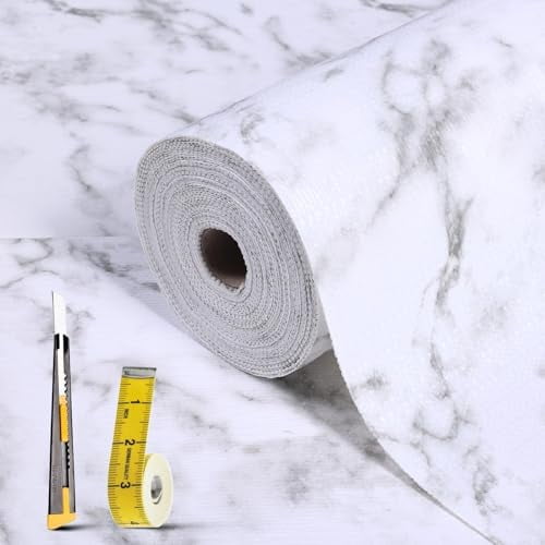 Drawer and Shelf Liner for Kitchen Cabinet Non Slip Waterproof Shelf Paper Non Adhesive Refrigerator Liners White Marble Easy Liners for Bathroom Cupboard (White Marble, 12 in X 10 Ft)