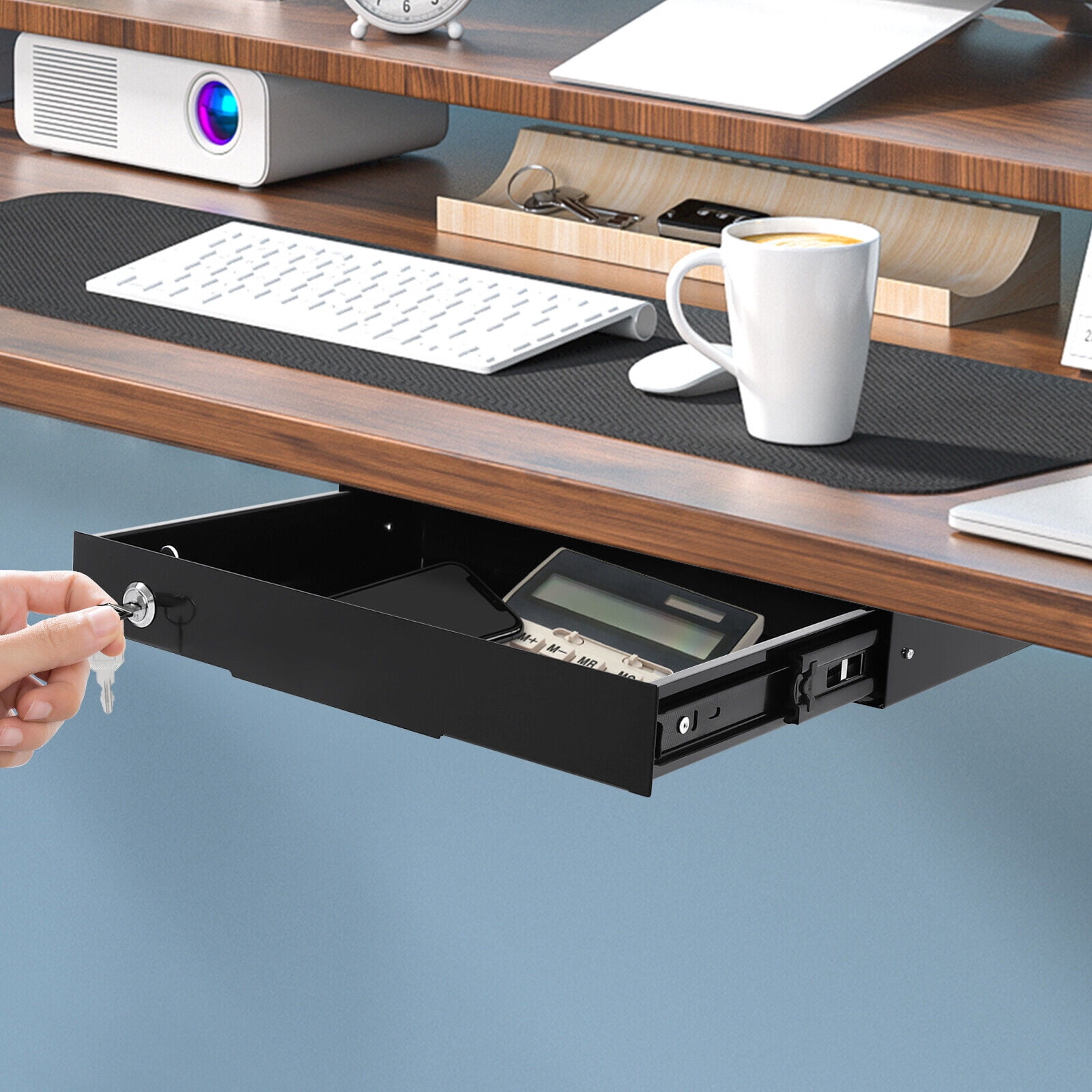 TFCFL Under Desk Mounted Drawer Storage Sliding Out Tray Black Space Saver With Keys