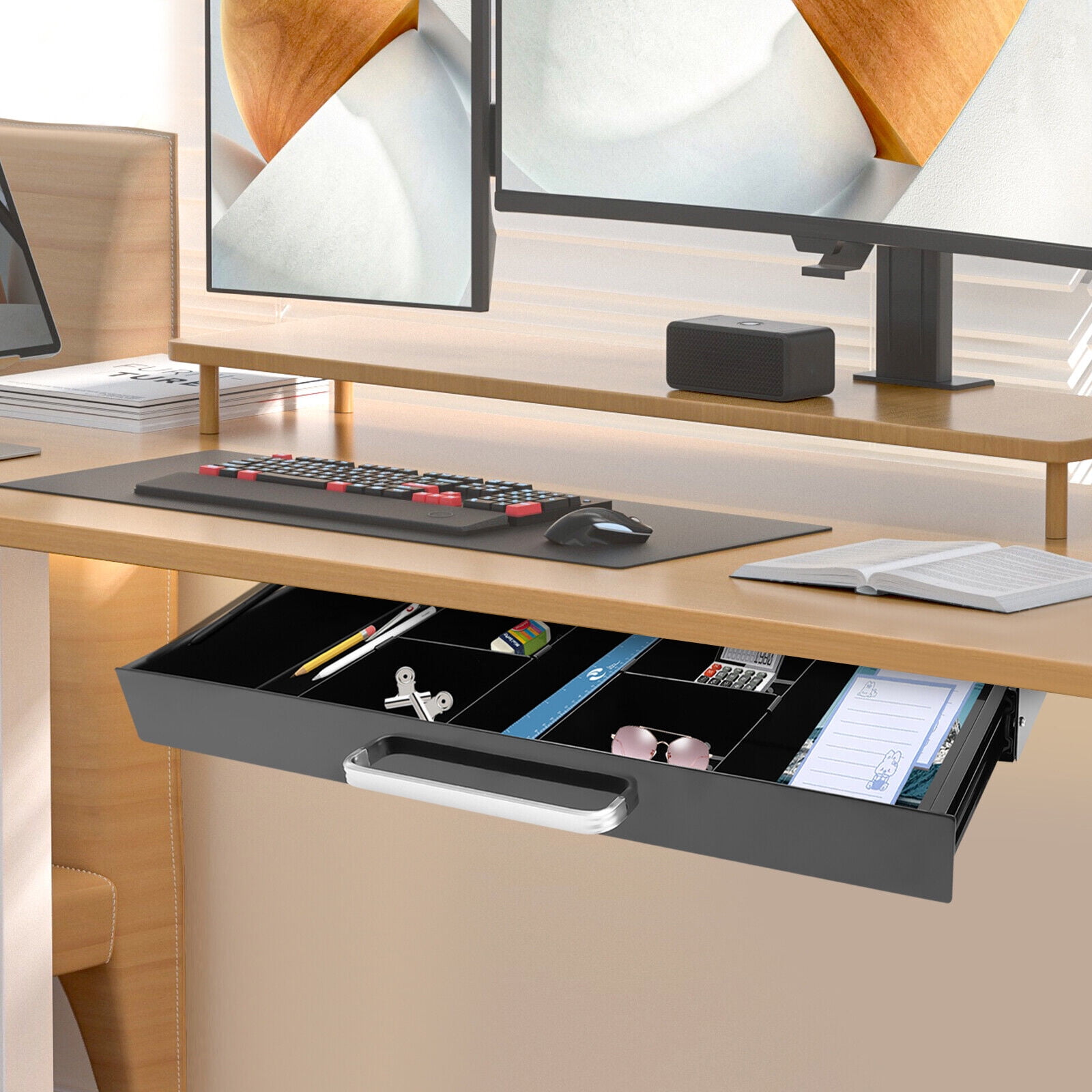 Drawer Storage Organizer for Standing Desks,Under Desk Mounted Sliding Pull-out Drawer, Pull-out Drawer Black