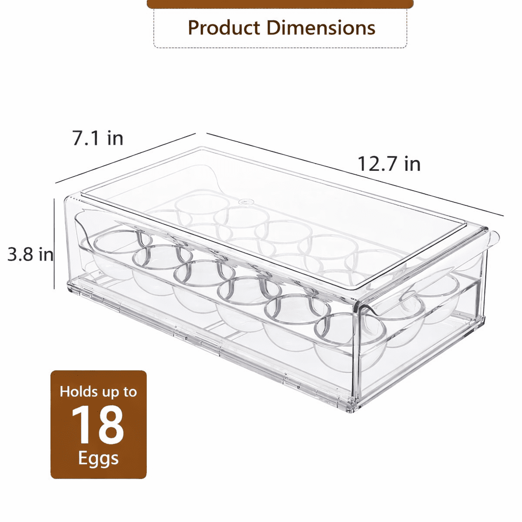 Drawer Style Egg Storage Container for Refrigerator, Clear Plastic Fridge Egg Organizer with Lid, Holds 18 Eggs, Space Saving Kitchen Storage Box