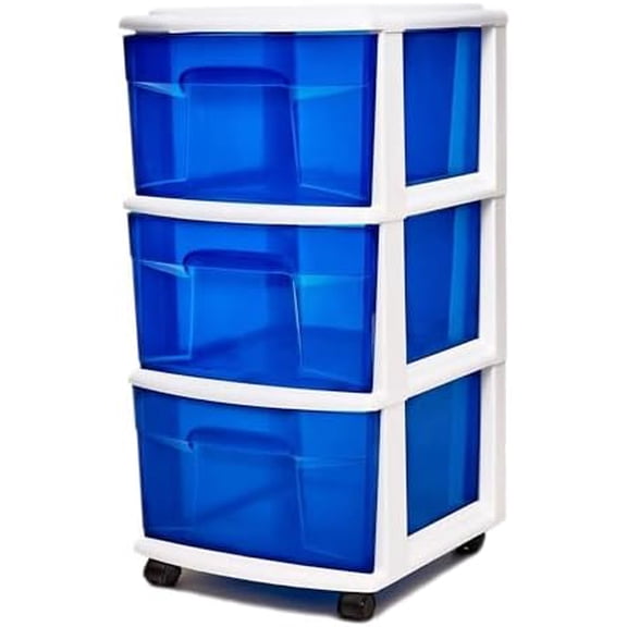 Drawer Tower, 3-Tier Clear Blue Plastic Storage Organizer Cart, White Frame - Rolling Drawer Containers with Wheels for Bathroom, Bedroom, Office, and Classroom Organization