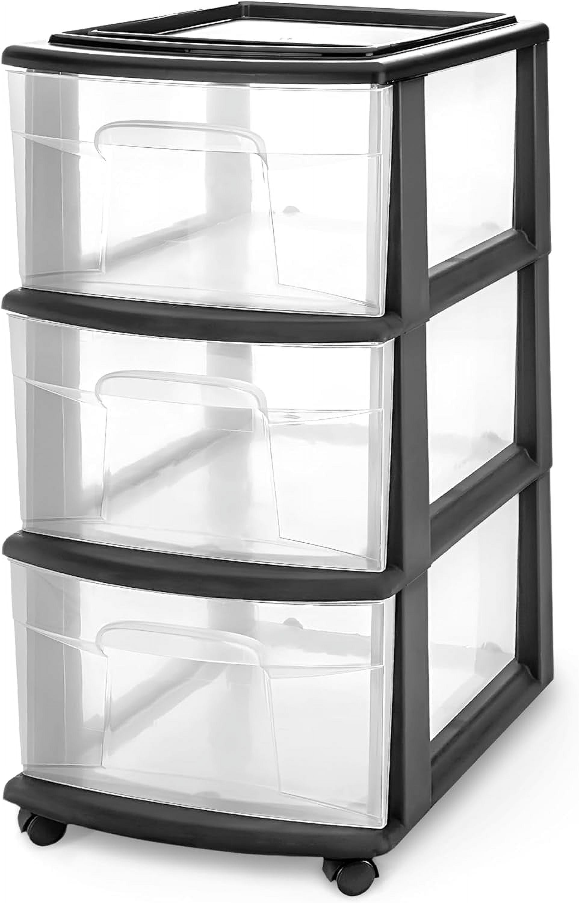 HOMZ 2-Pack 3-Tier Rolling Storage Cart - Clear Plastic Drawer Organizer With Wheels, White Frame (21.5"L X 15"W X 25.5"H)