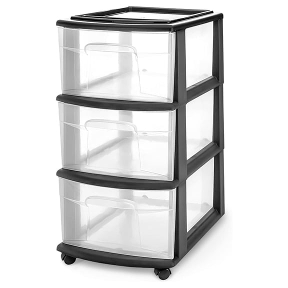 Drawer Tower, 3-Tier Clear Plastic Storage Organizer Cart, Black Frame  Organizing Containers with Wheels for Home, Bathroom, Bedroom, Office, and Classroom