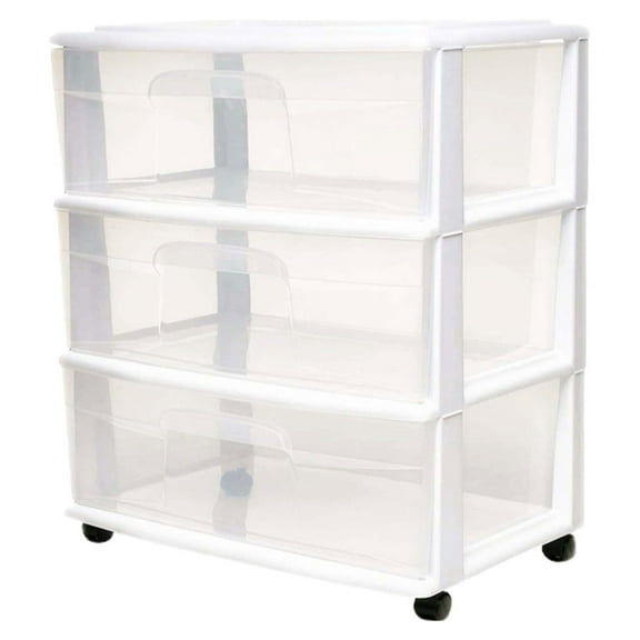 Drawer Tower, 3-Tier Wide Clear Plastic Storage Organizer Cart, White Frame - Rolling Containers with Wheels for Bathroom, Bedroom, Office, and Classroom Organization