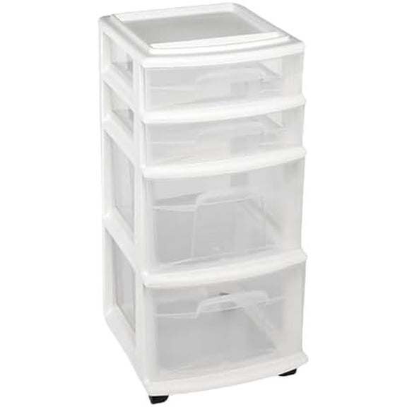 Drawer Tower, 4-Tier Clear Plastic Storage Organizer Cart, White Frame – Rolling Containers with Wheels for Bathroom, Bedroom, Office, and Classroom Organization