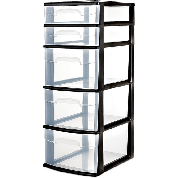 Drawer Tower, 5-Tier Clear Plastic Storage Organizer Unit, Black Frame - Multi-Purpose Container Drawers for Bedroom, Bathroom, and Office Organization