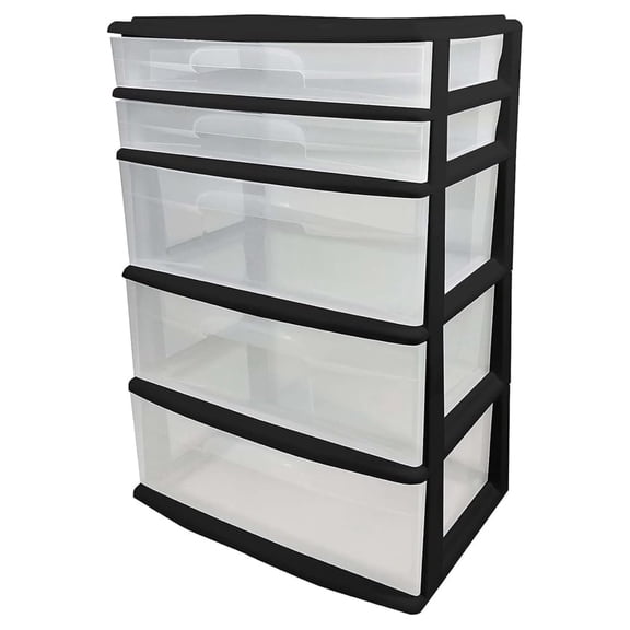 Drawer Tower, 5-Tier Extra-Wide Clear Plastic Storage Organizer Cart, Black Frame - Stackable Container Boxes for Bedroom, Bathroom, Garage, and Office Organization