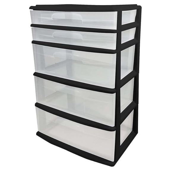 Drawer Tower, 5-Tier Extra-Wide Clear Plastic Storage Organizer Cart, Black Frame - Stackable Container Boxes for Bedroom, Bathroom, Garage, and Office Organization