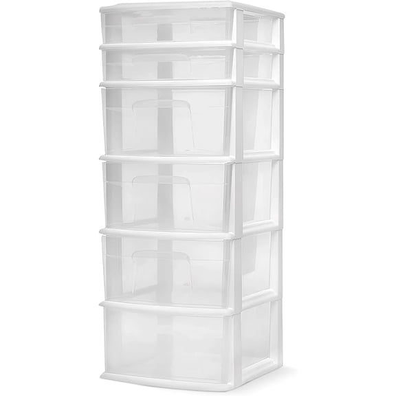Drawer Tower, 6-Tier Clear Plastic Storage Organizer Cart, White Frame - Heavy-Duty Organizing Drawers for Home, Bedroom, and Closet Organization