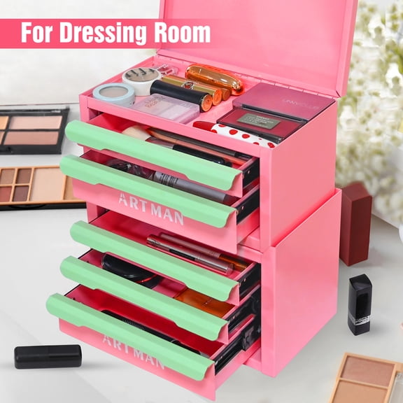 Drawer-style desktop storage box, office workstation organizing magic tool, desk stationery storage rack, cosmetic storage cabinet--{Pink-green color, 2+3 layers}