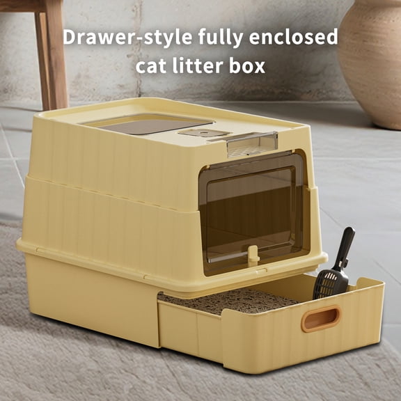 Drawer-type Cat Litter Box, 2-in-1 Fully Enclosed/Open-top Design, Spacious Interior for Kittens, Fat Cats & Big Cats, Easy to Clean & Refill, Odor Isolation & Anti-Splashing, Yellow, 18.90"x13.78"x1