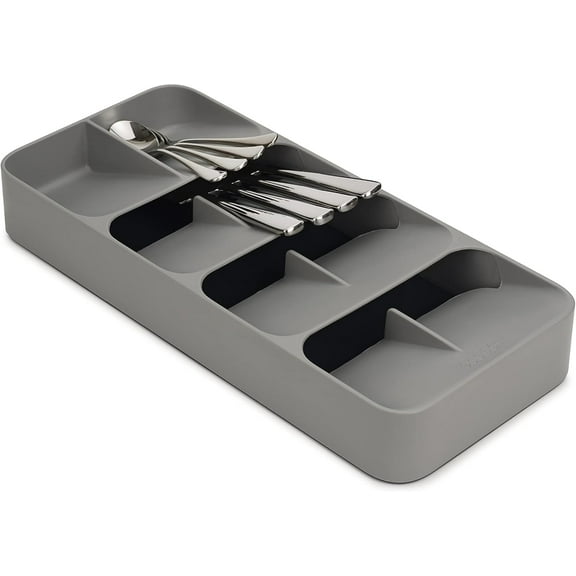 DrawerStore Compact Utensil Organizer For Kitchen Drawer Silverware, Flatware Tray, Grey
