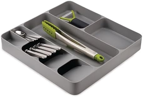 DrawerStore Compact Utensil Organizer For Kitchen Drawer Silverware, Flatware Tray, Large, Grey