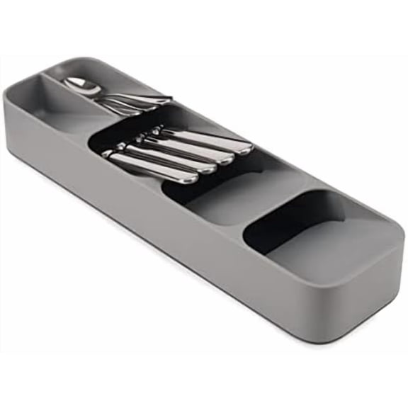 DrawerStore Compact Utensil Organizer For Kitchen Drawer Silverware, Flatware Tray, Small, Grey