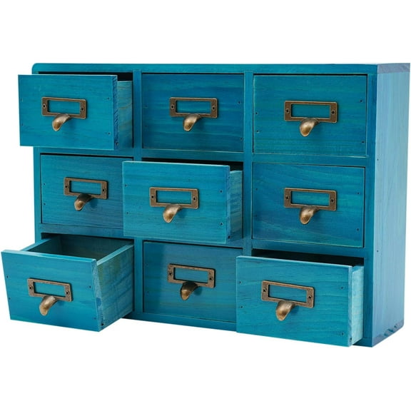 Drawers Storage Cabinet, 9 Drawers Apothecary Cabinet with Labels Apothecary Desk Drawer Organizer Tea Coffee Pod Storage Tool Wooden Card Catalog Storage Box for Kitchen, Office, Shop (Blue)