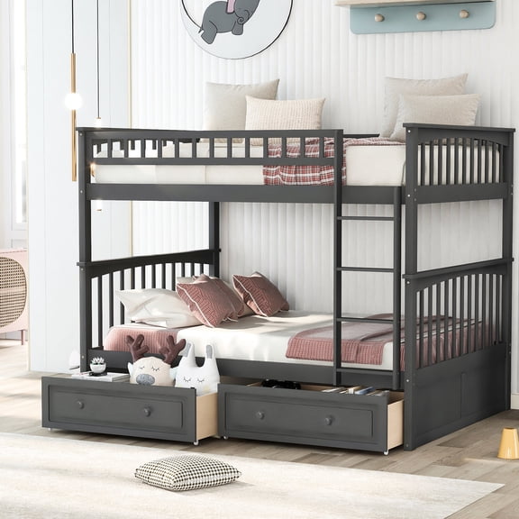 Drawers with Wheels, Durable Bed Frame - Gray Full Bunk Bed for Long-term Use